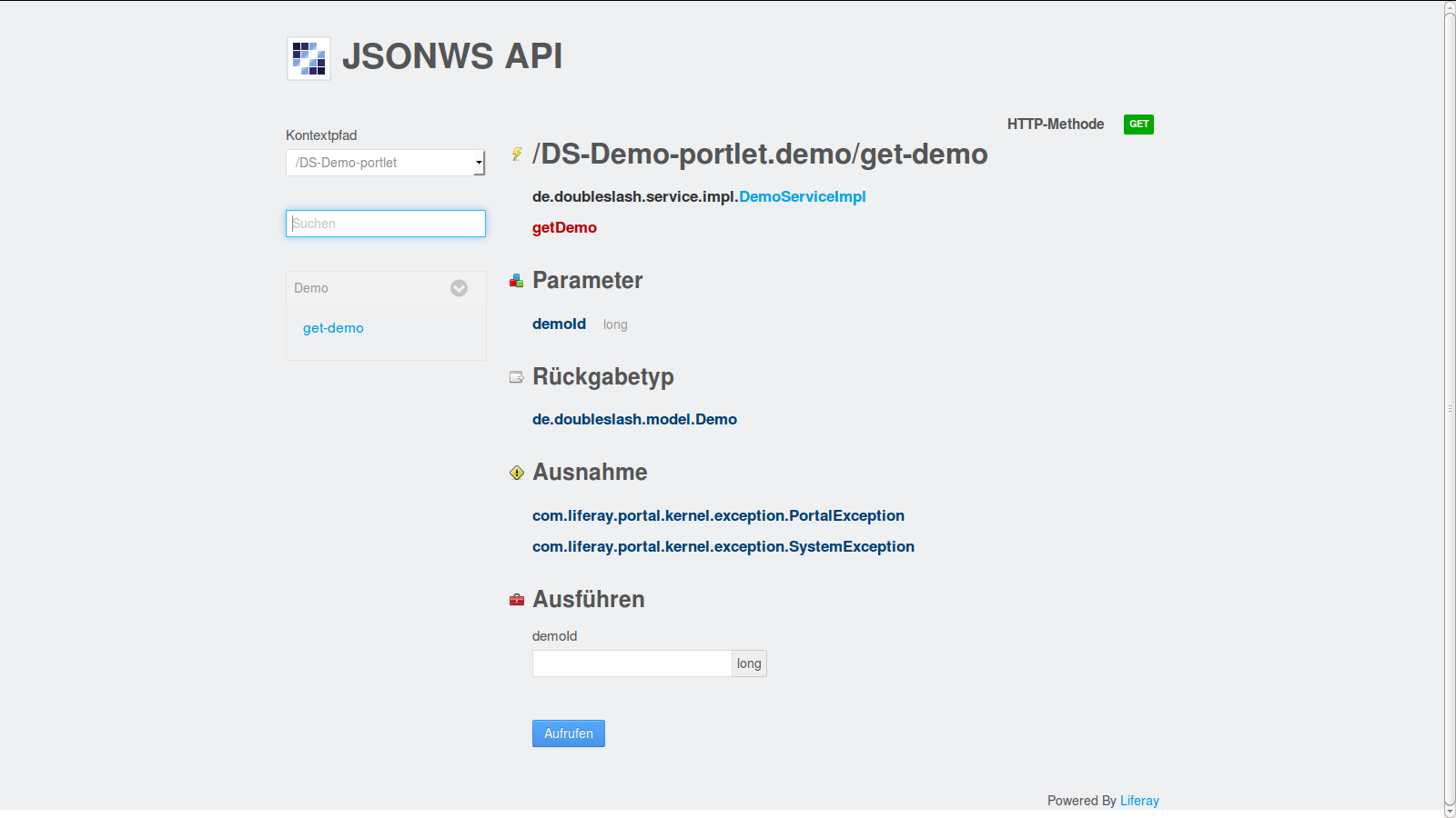 Abbildung 1: JSON WebService API von Liferay. Nach Auswahl des DS-Demo-portlet werden dessen angeboten Service Methoden dargestellt. - AngularJS