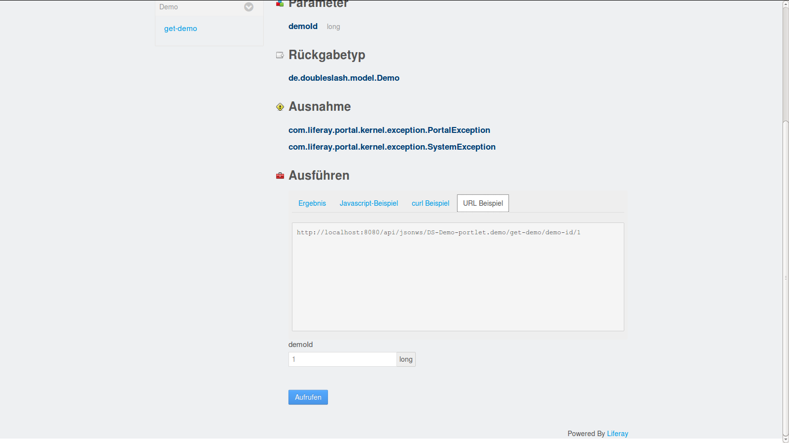 Abbildung 2: Liferay bietet die Möglichkeit die Methoden direkt im Browser zu testen und bietet bereits einCode Beispiel an. - AngularJS