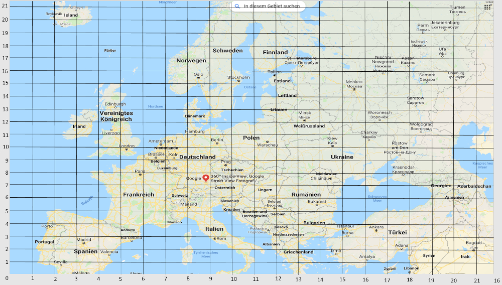 Europakarte mit Raster versehen