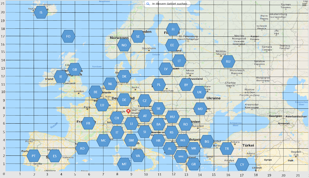 Europakarte mit Raster und Tiles versehen