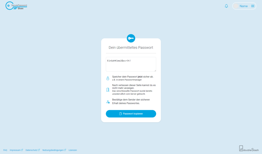 Secure Password Share Passwort angezeigt