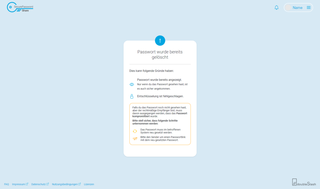 Secure Password Share Passwort wurde bereits abgerufen