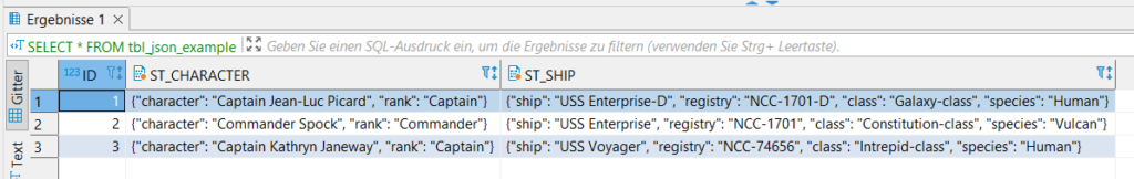 Result of select statement of initial table table creation