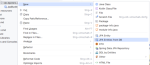 IntelliJ-Kontextmenü zum Anlegen von JPA-Entities via JPA-Buddy Plugin