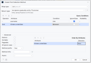 InteliJ Fenster mit Einstellungen zu neuer Spring Data query-Methode via JPA-Buddy Plugin