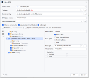 Fenster in IntelliJ mit Einstellungen, die bei Erstellung des DTO via JPA-Buddy Plugin getätigt werden können