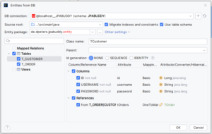 JPA-Buddy Fenster in IntelliJ mit Einstellungen zu Entities, die anhand einer Datenbank generiert werden können.