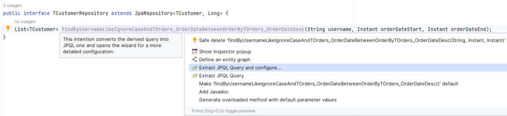 Kontext-Menü in IntelliJ, um eine Query-Methode in SpringData zu extrahieren via JPA-Buddy Plugin.