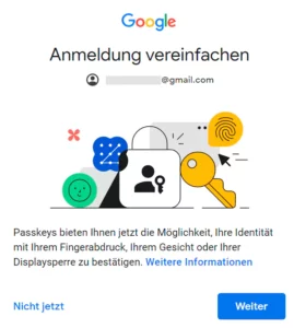 Aufforderung zur Umstellung auf Passkeys Anmeldung