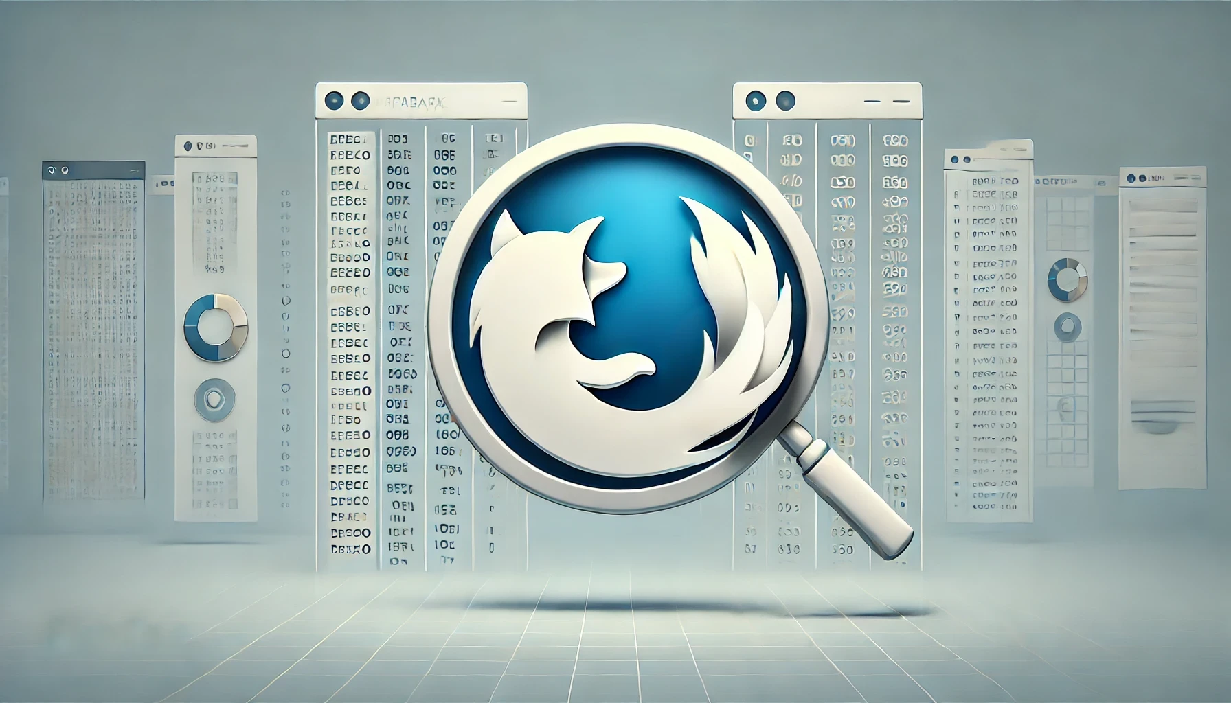 A wide-format image with a light blue, white, and gray color scheme and a white background. In the center, a stylized Firefox logo is prominently displayed with a magnifying glass hovering above it. Next to it, a database icon is visible, with no background elements or text. The overall aesthetic is modern, clean, and focused on technology.