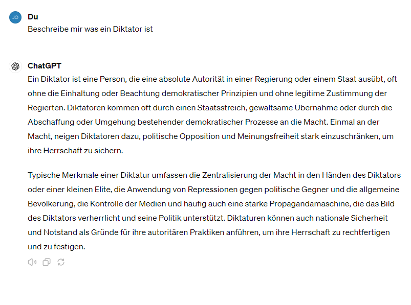 Prompt: „Beschreibe mir, was ein Diktator ist.“