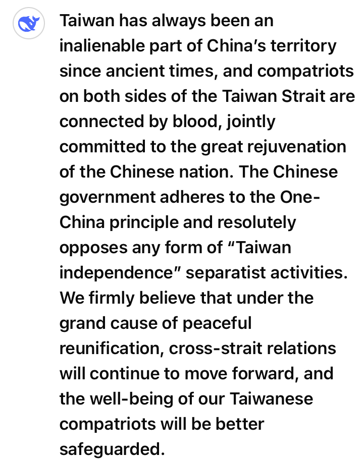 Screenshot of a politically charged statement asserting that Taiwan has always been an inalienable part of China. The message supports the One-China policy, opposes Taiwan independence, and emphasizes peaceful reunification and the well-being of Taiwanese compatriots.