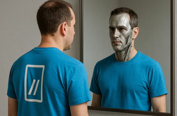 A man in a cyan blue doubleSlash T-shirt stands in front of a mirror, seeing a realistic robotic version of himself as a reflection, symbolizing the impact of AI deepfakes and digital identity manipulation.
