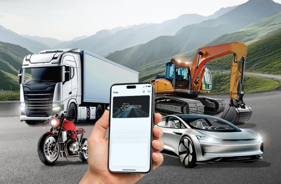 Digital Key Keyvisual: Smartphone, LKW, Bagger, Motorrad und ein Auto
