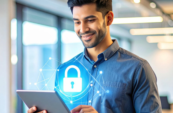 Ein Mann im modernen Büro hält ein Tablet und lächelt – ein leuchtendes Schloss-Symbol verdeutlicht seine Datenhoheit und Sicherheit.