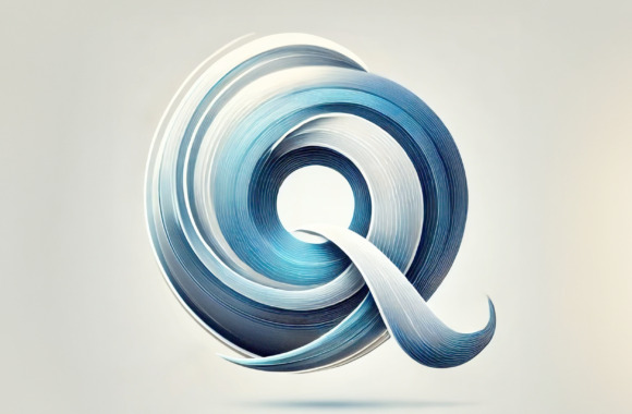Abstraktes Q in Blau-Weiß als Symbol für Qualitätsschulden und Softwarequalität.