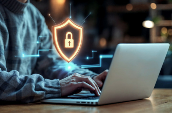 Person arbeitet am Laptop mit digitalem Schloss- und Schildsymbol – Symbolbild für KI und Informationssicherheit. Darstellung von Cybersecurity, Datenschutz und Schutz vor KI-basierten Angriffen im IT-Umfeld.