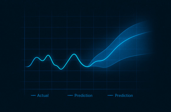 Abstrakte blaue Linien auf dunklem Hintergrund, die historische Daten und einen Prognosekorridor darstellen – Symbol für Machine-Learning-Vorhersagen im Monitoring.