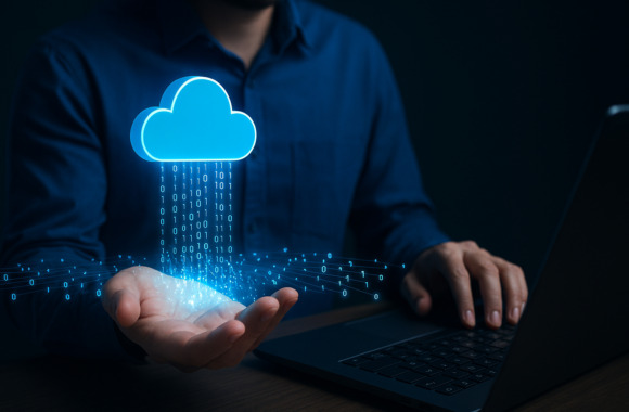 Symbolbild für Cloud-Souveränität: Daten fließen aus einer digitalen Wolke in die Hand eines IT-Experten