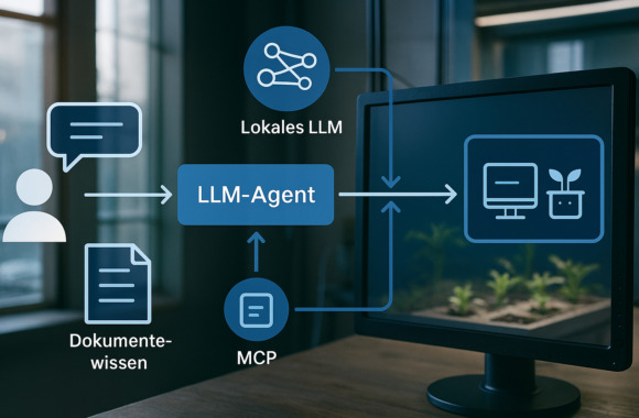 LLM-Agent Diagramm mit lokalem LLM, Dokumentenwissen und MCP-Integration auf Monitor