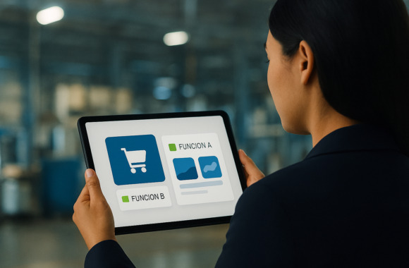 Person hält Tablet mit Einkaufswagen-Symbol und auswählbaren Optionen Function A und Function B – Darstellung des Konzepts Funktionen on Demand