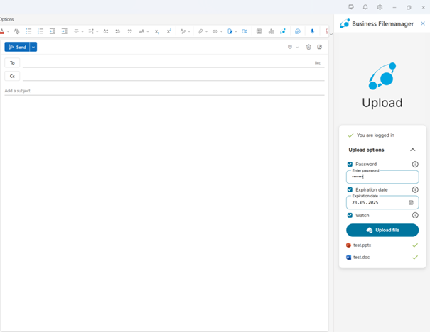 Interface neues Business Filemanager Outlook Add-in