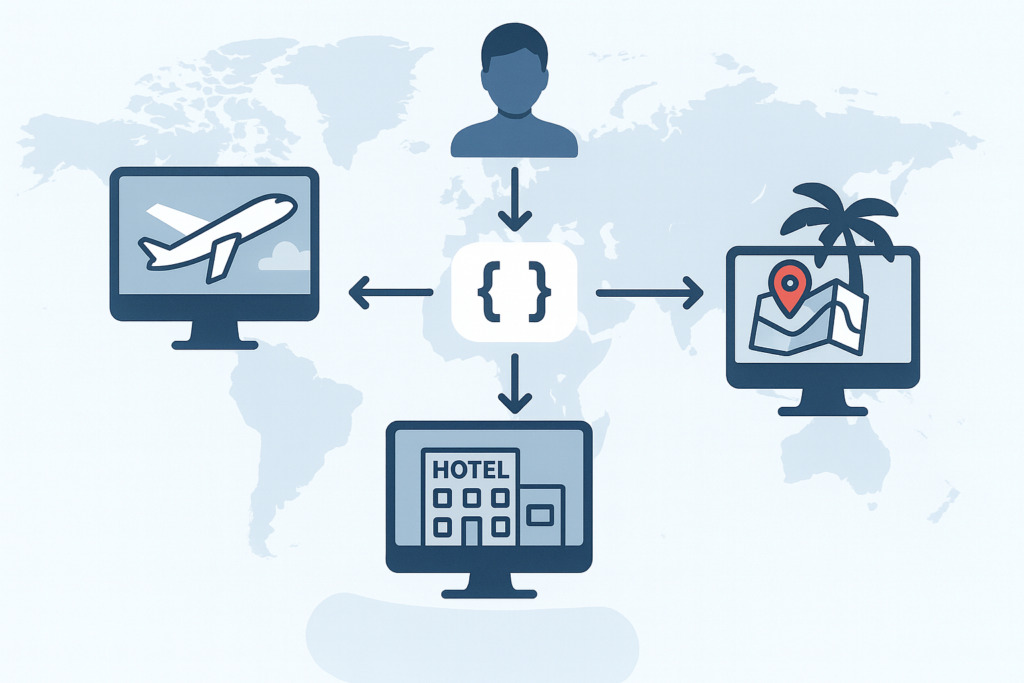 Illustration zur Reisebuchung mit zentraler API, die Flüge, Hotels und Karteninformationen verbindet.