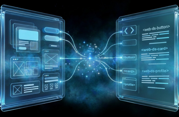 Visualisierung eines digitalen Designsystems: Links schwebende transparente UI-Layouts und Wireframes, rechts Code-Snippets und Komponenten wie Buttons, Cards und Profile. Beide Seiten sind durch leuchtende Linien verbunden, die den Austausch zwischen Design und Entwicklung symbolisieren. Der Hintergrund wirkt futuristisch und galaxieartig.
