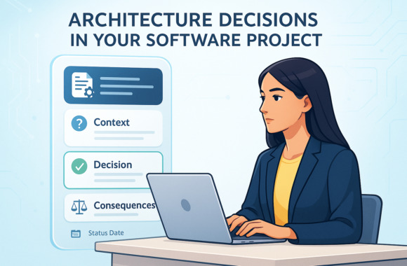 Illustration einer Frau am Laptop vor einer Grafik mit dem Titel „architecture decisions in your software project“ und den Unterpunkten Context, Decision und Consequences.