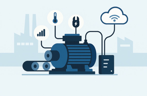 Illustration einer Industrieanlage mit Motor, Sensoren, Edge-Gateway und Cloud-Anbindung für IoT-Retrofit in einer Fabrikumgebung.